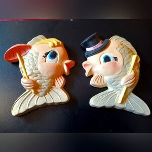 Vintage 1969 Miller Studios MR. & MRS. FISH Chalkware Bathroom Wall Decor!